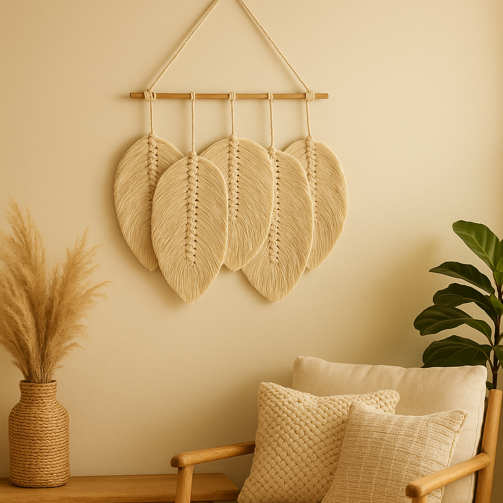 Small macrame leaf wall hanging in a boho corner