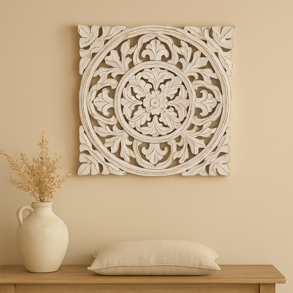 Ivory wall medallion with floral carving and distressed finish for hallway or bedroom