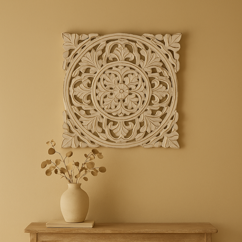 Ivory wall medallion close-up of warm cream paint