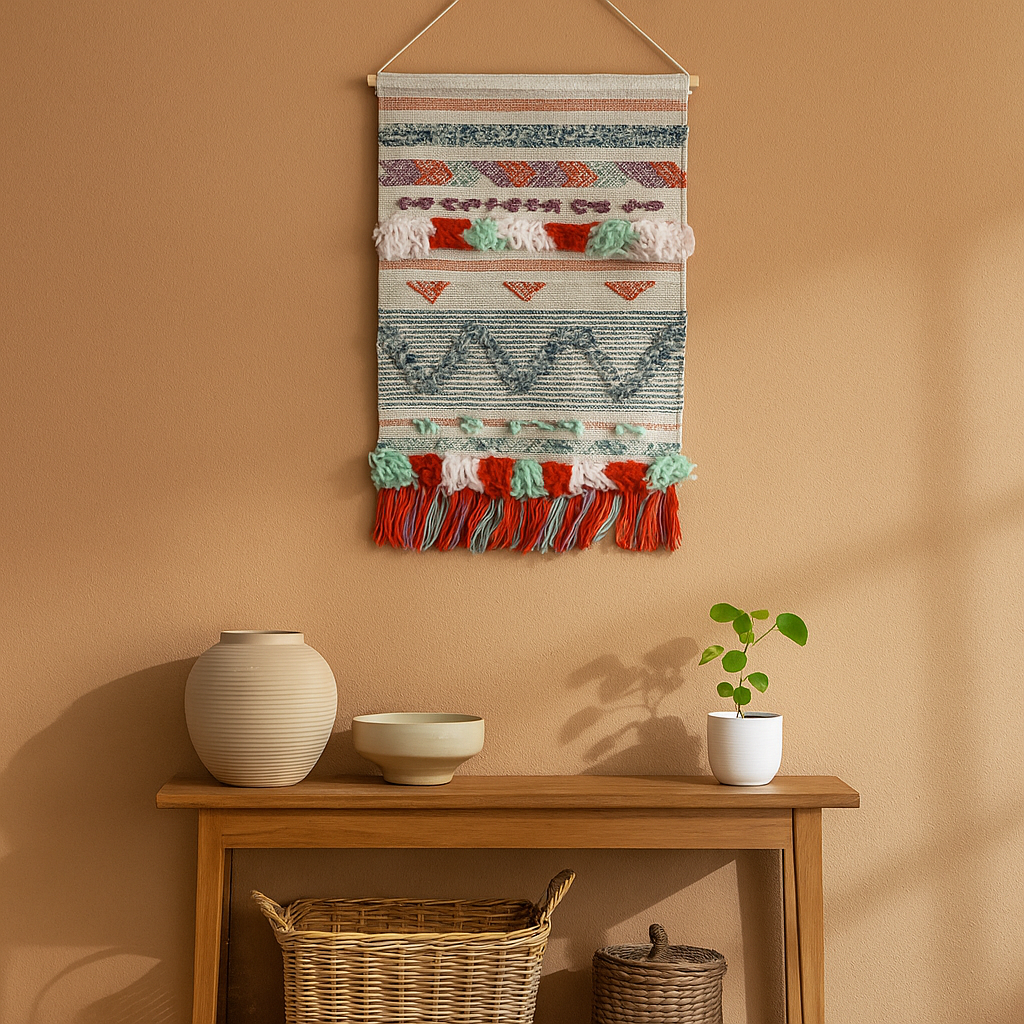 Wool and cotton tasseled wall hanging detail of hand-tied tassels