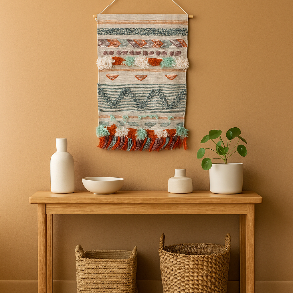 Wool and cotton tasseled wall hanging close-up showing handwoven blend