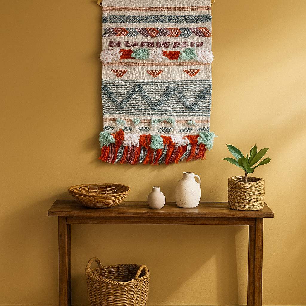 Wool and cotton tasseled wall hanging styled in a neutral boho interior