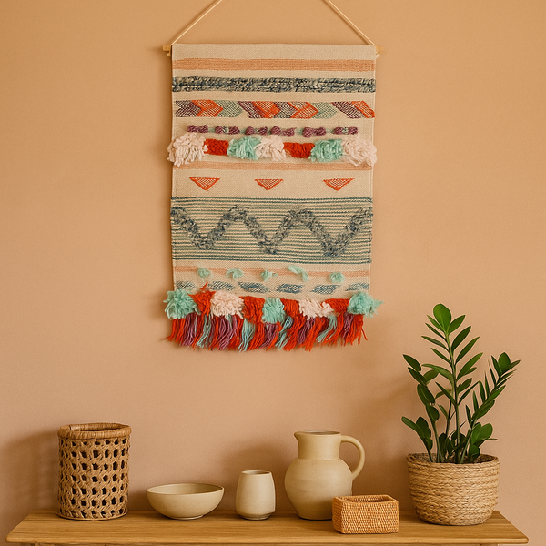 Wool and Cotton Tasseled Wall Hanging | Handwoven Neutral Decor