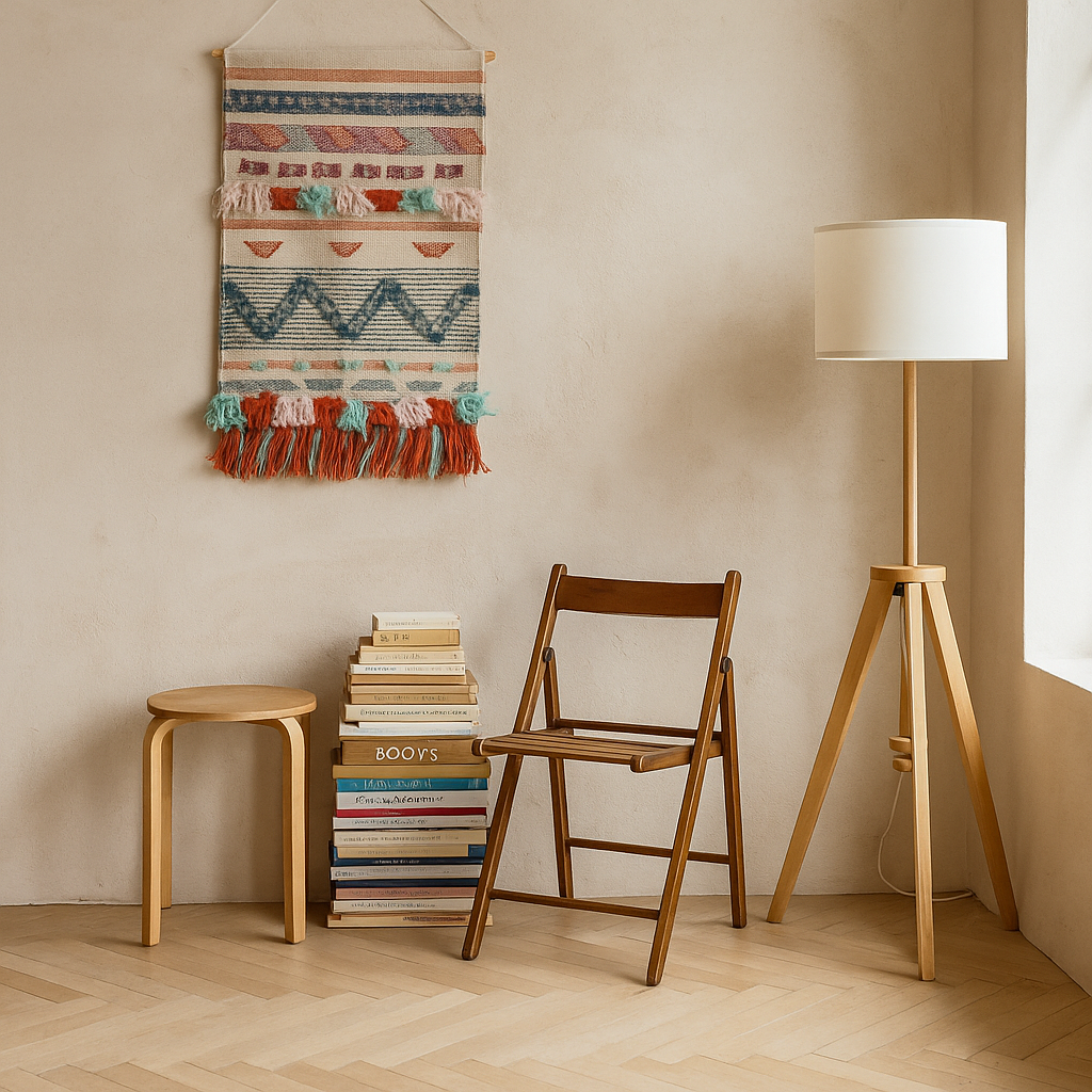 Wool and cotton tasseled wall hanging shown at an angle for depth