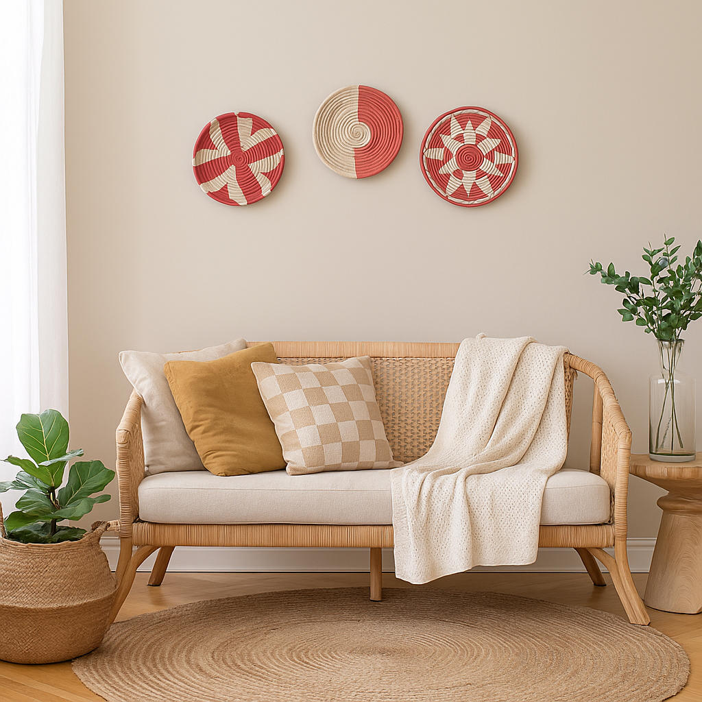 Mandala sabai grass wall plates shown at an angle