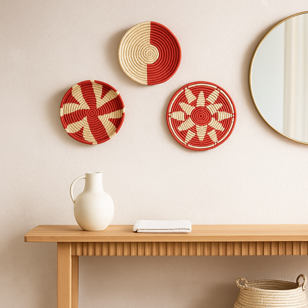 Mandala sabai grass wall plates on a plain wall