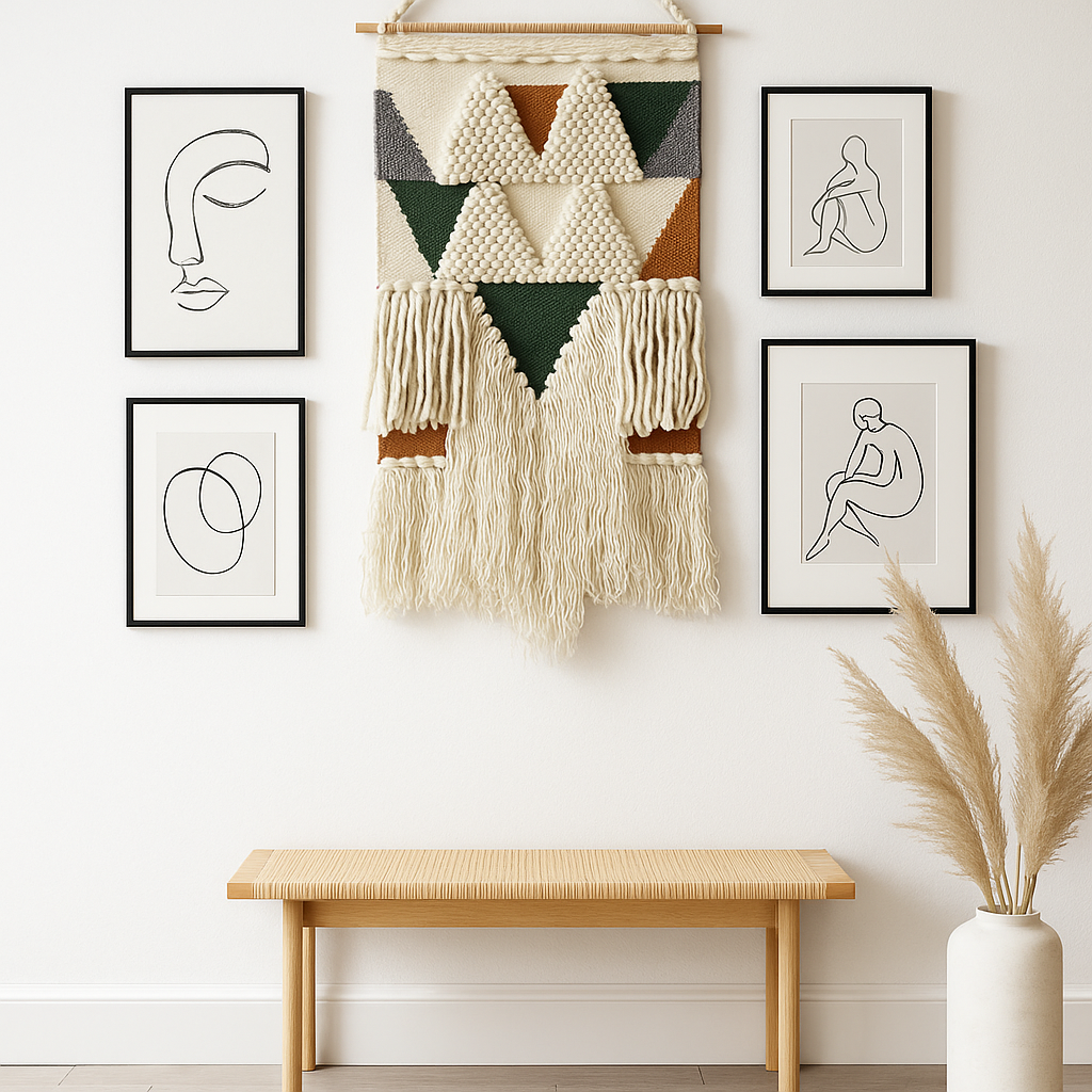 Loop and pile wool wall hanging styled in an Australian home