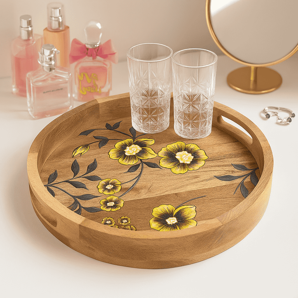 Printed mango wood tray styled with items