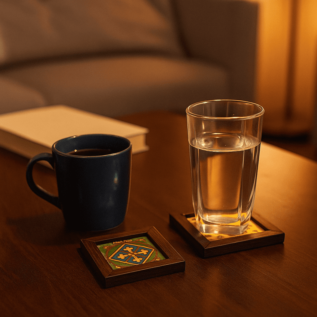Hand painted leather coasters framed by Gleemium