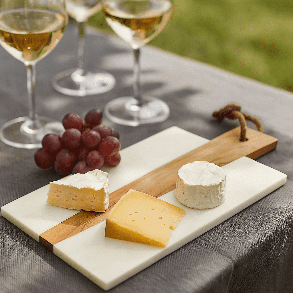 Marble acacia cheeseboard on dining table