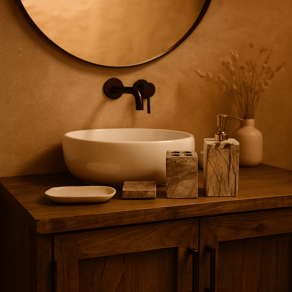 Brown marble bath accessories set on reclaimed wood vanity