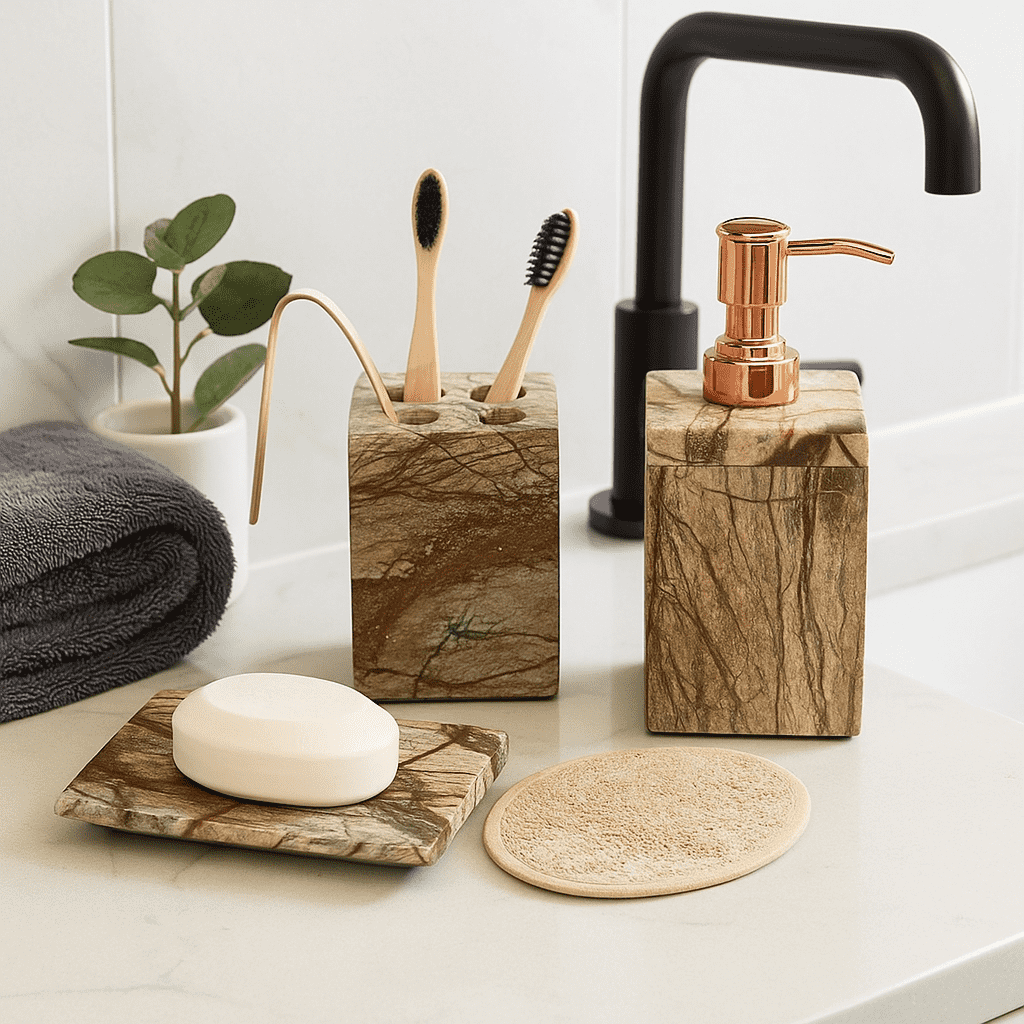 Elegant brown marble bath accessories set product shot