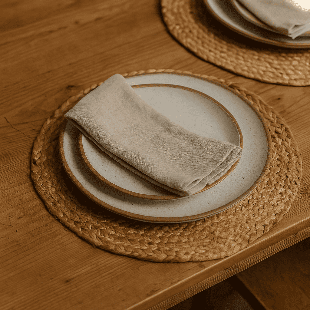 Round jute placemats at an angle
