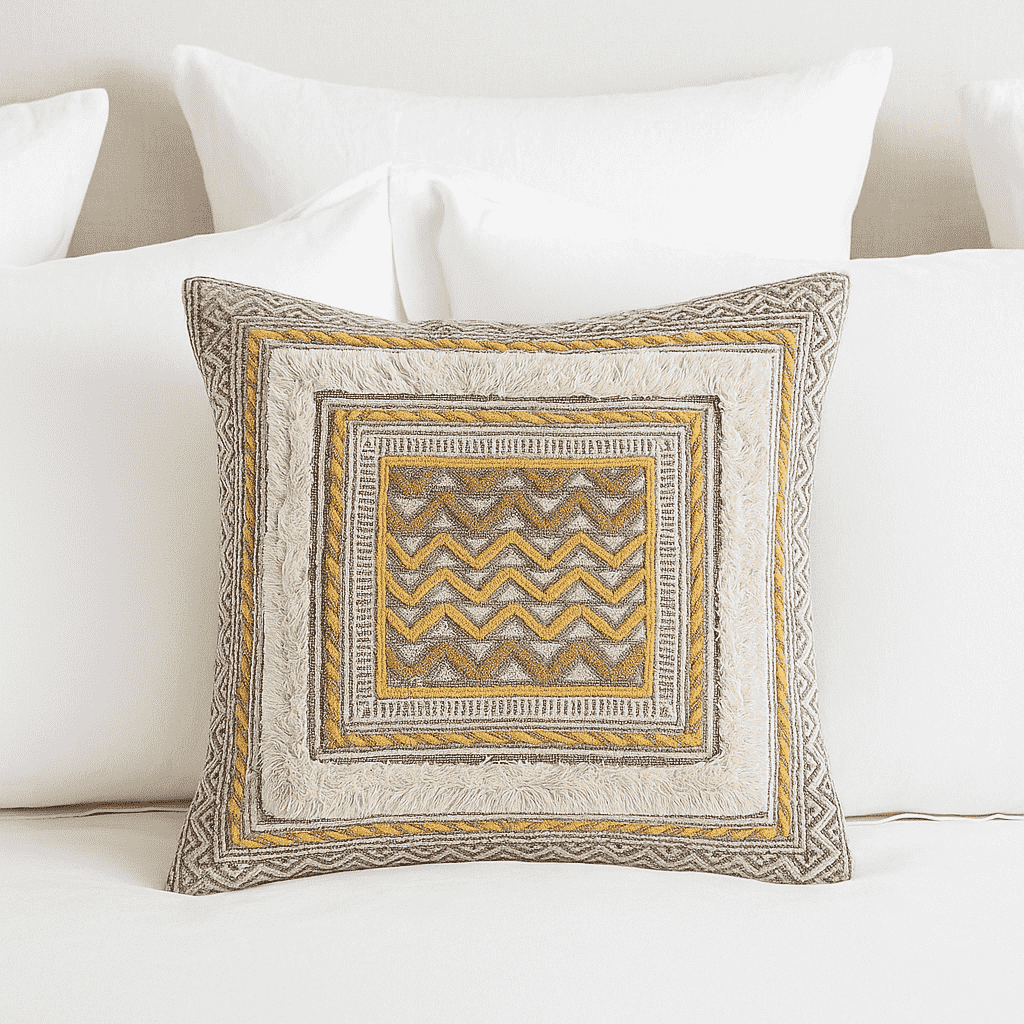 Hand block printed cushion cover in a modern room