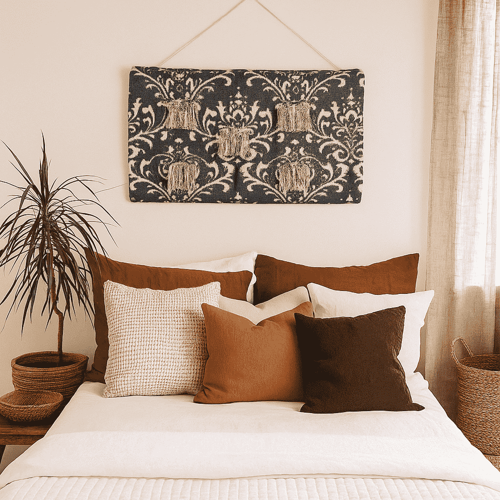 Damask patchwork wall hanging shown over a sofa setting
