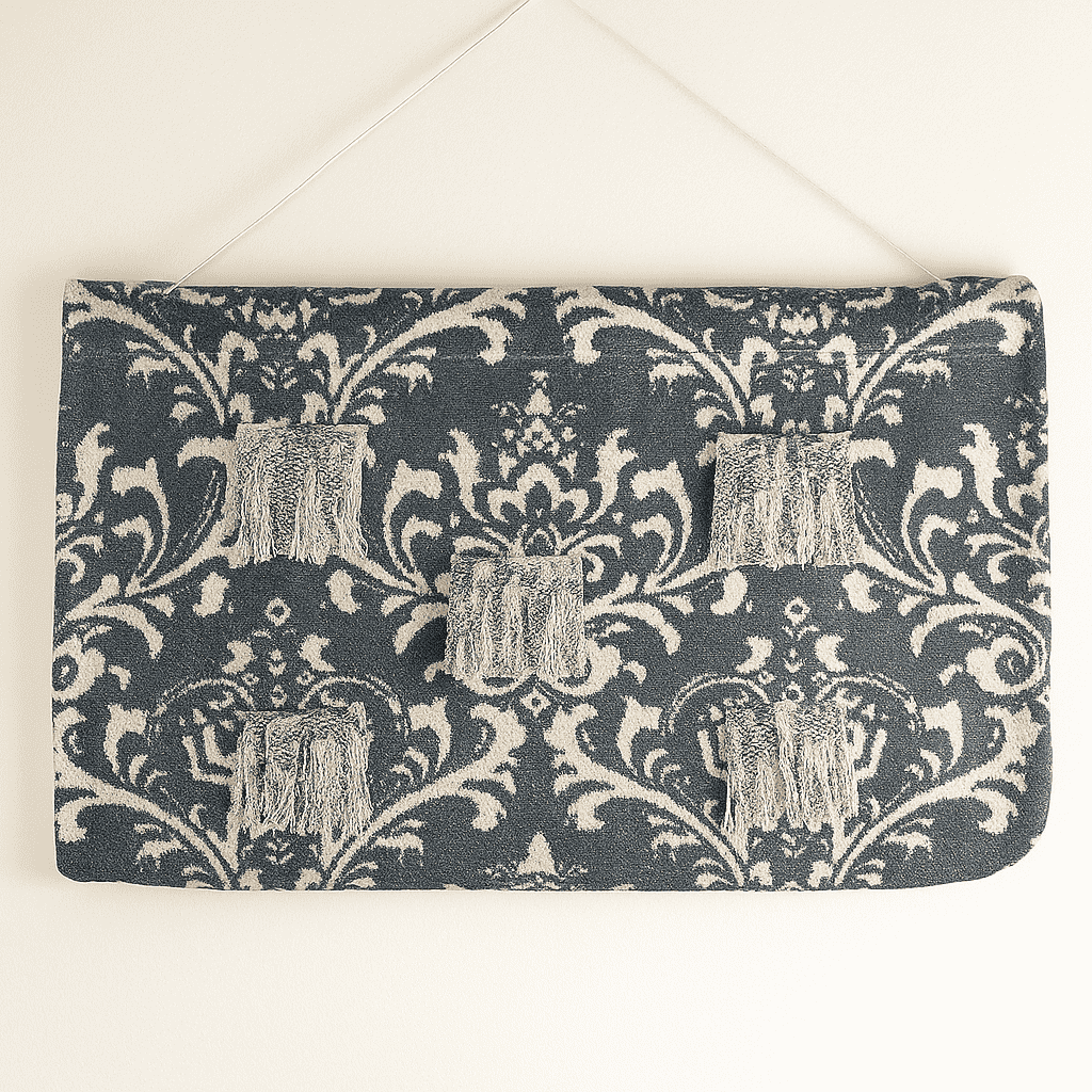 Damask patchwork wall hanging on a painted plaster wall