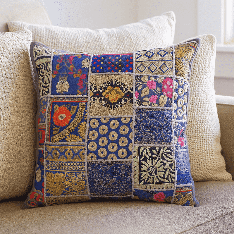 Upcycled embroidered cushion cover in an eclectic room