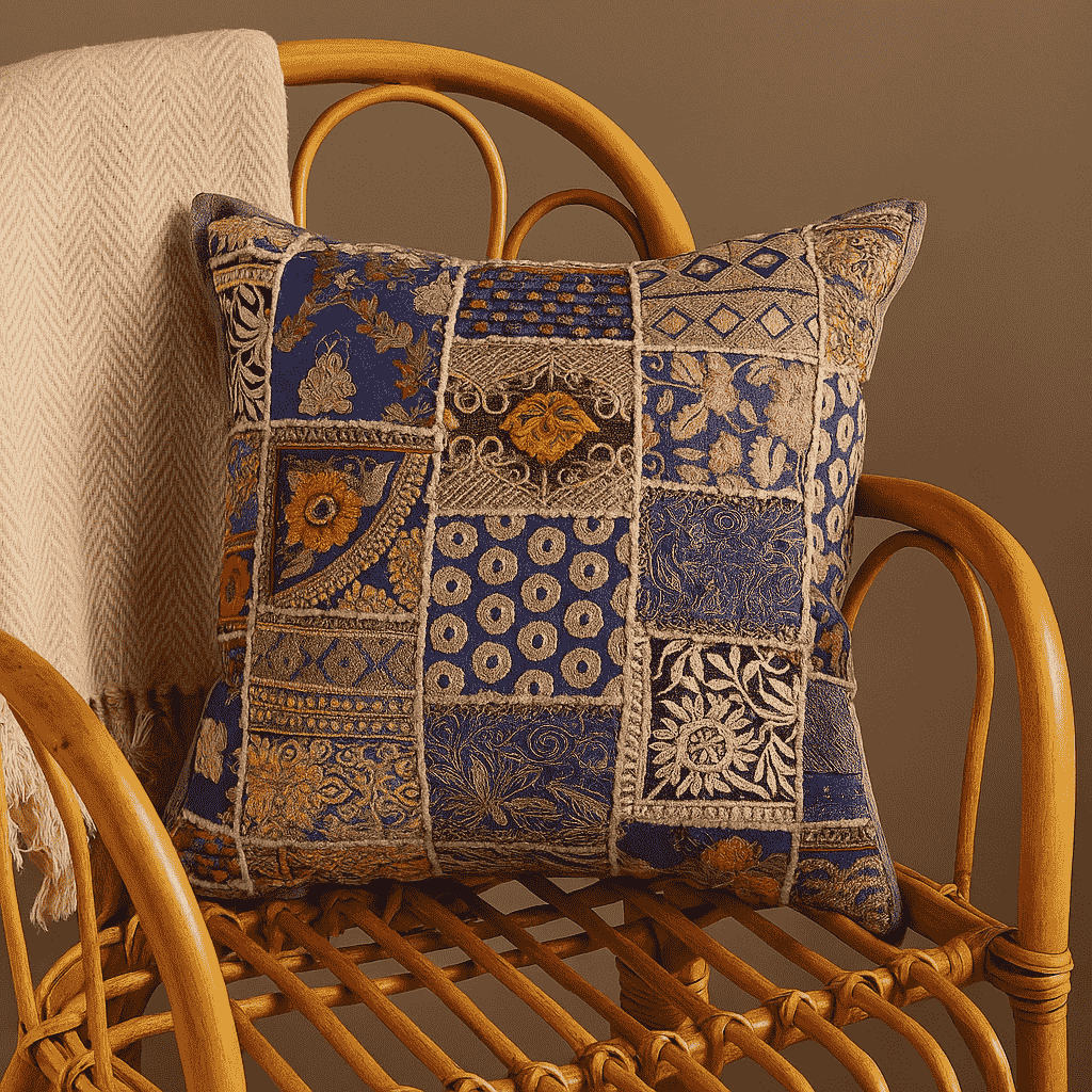 Upcycled embroidered cushion cover paired with other cushions