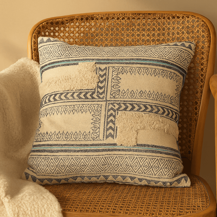Geometric cotton cushion cover on a styled chair