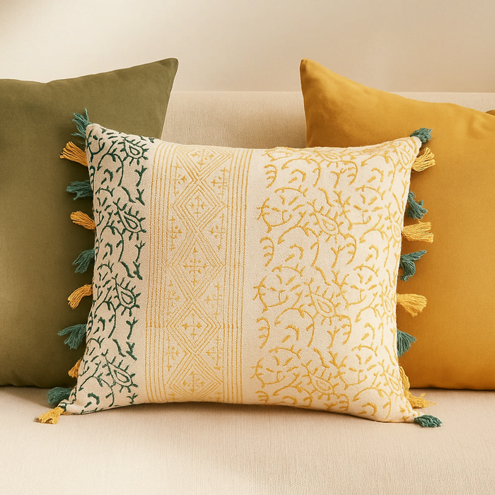 Block printed tassel cushion cover paired with other cushions