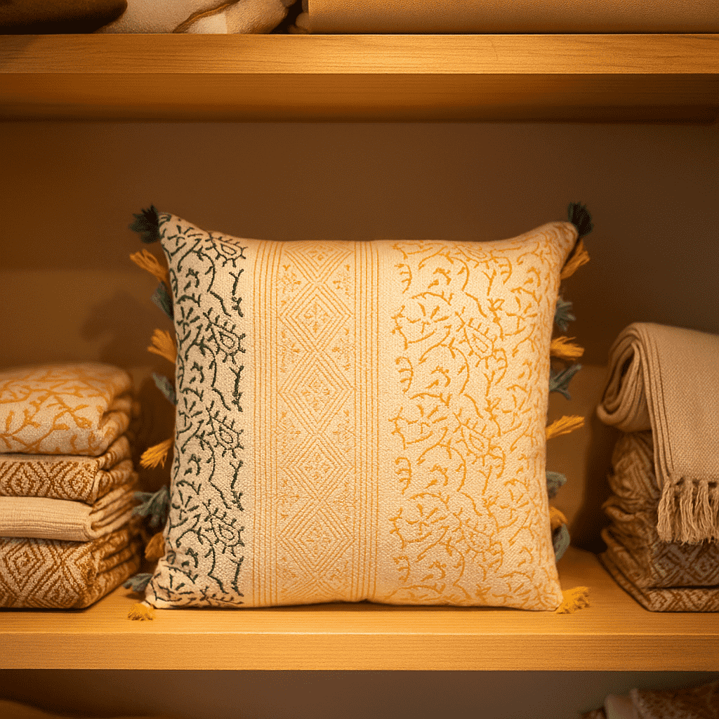Block printed tassel cushion cover in a styled room