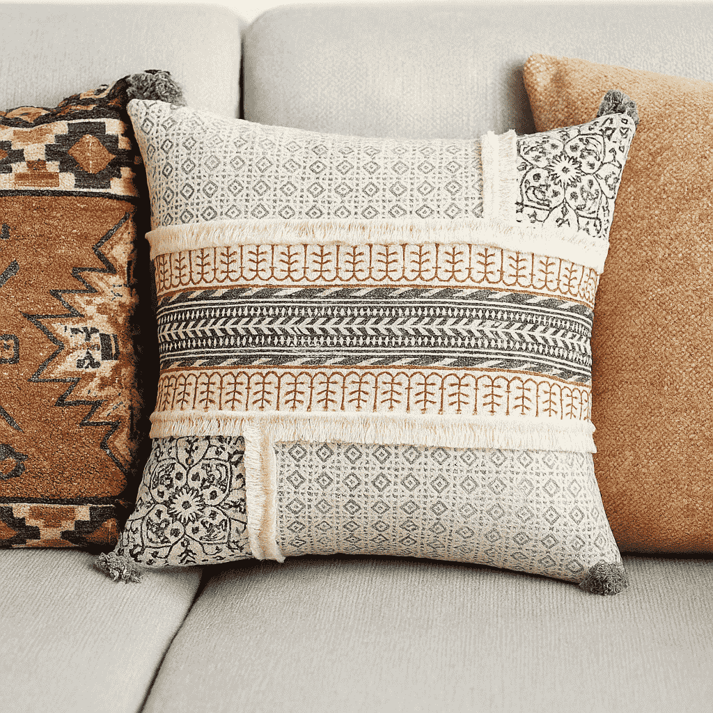Bold maximal cushion cover close-up of block print