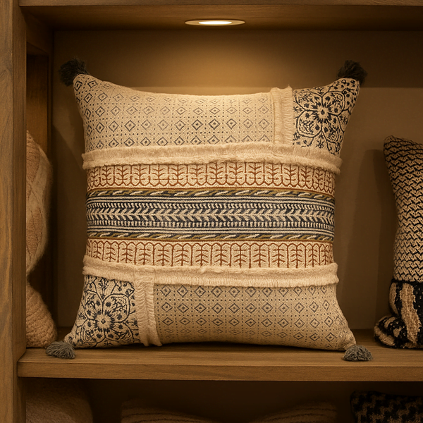 Bold Maximal Cushion Cover | Block Printed Cotton Tassel Boho Decor