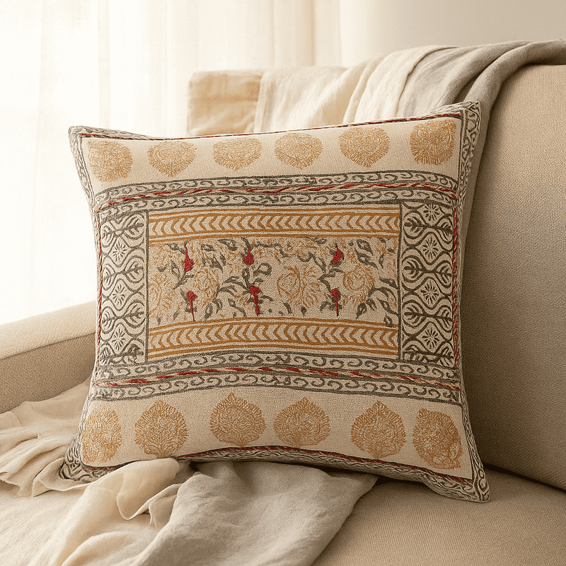 Floral cotton cushion cover paired with other cushions
