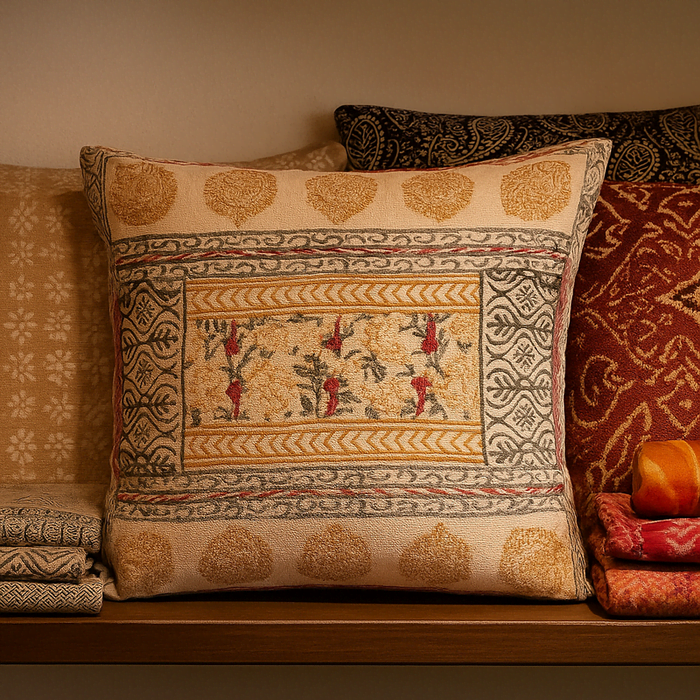 Floral cotton cushion cover detail of woven cotton