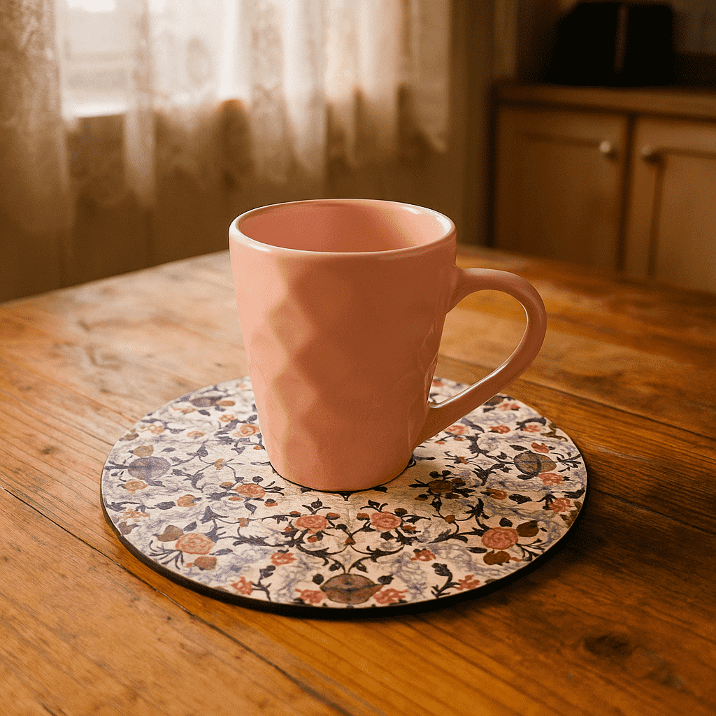 Vintage trivet close-up of laser-cut floral