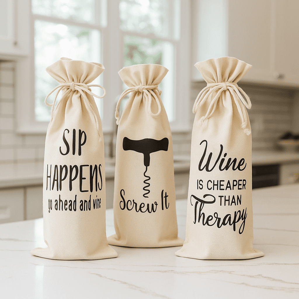Canvas wine bags close-up of typography
