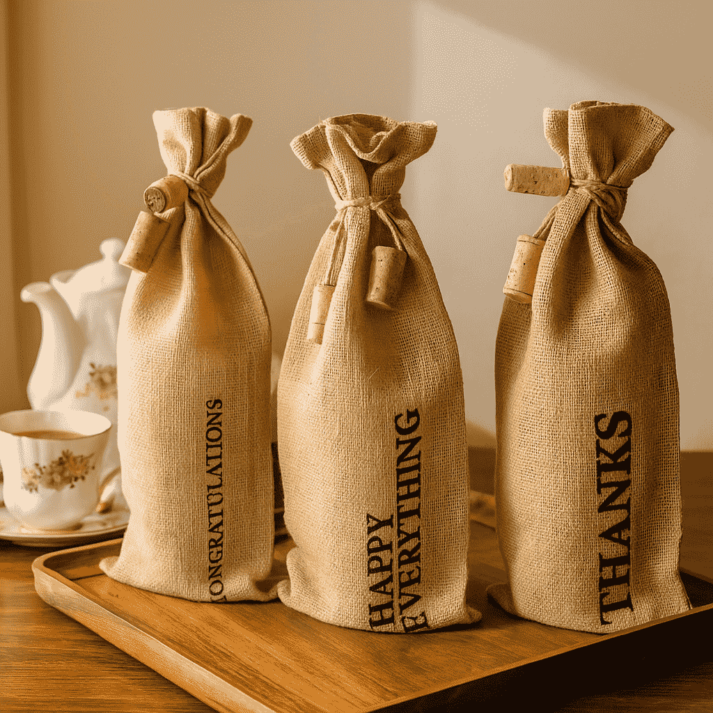 Jute wine bags close-up of typography