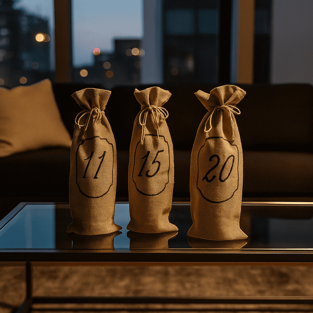 Handmade jute wine bags at an angle