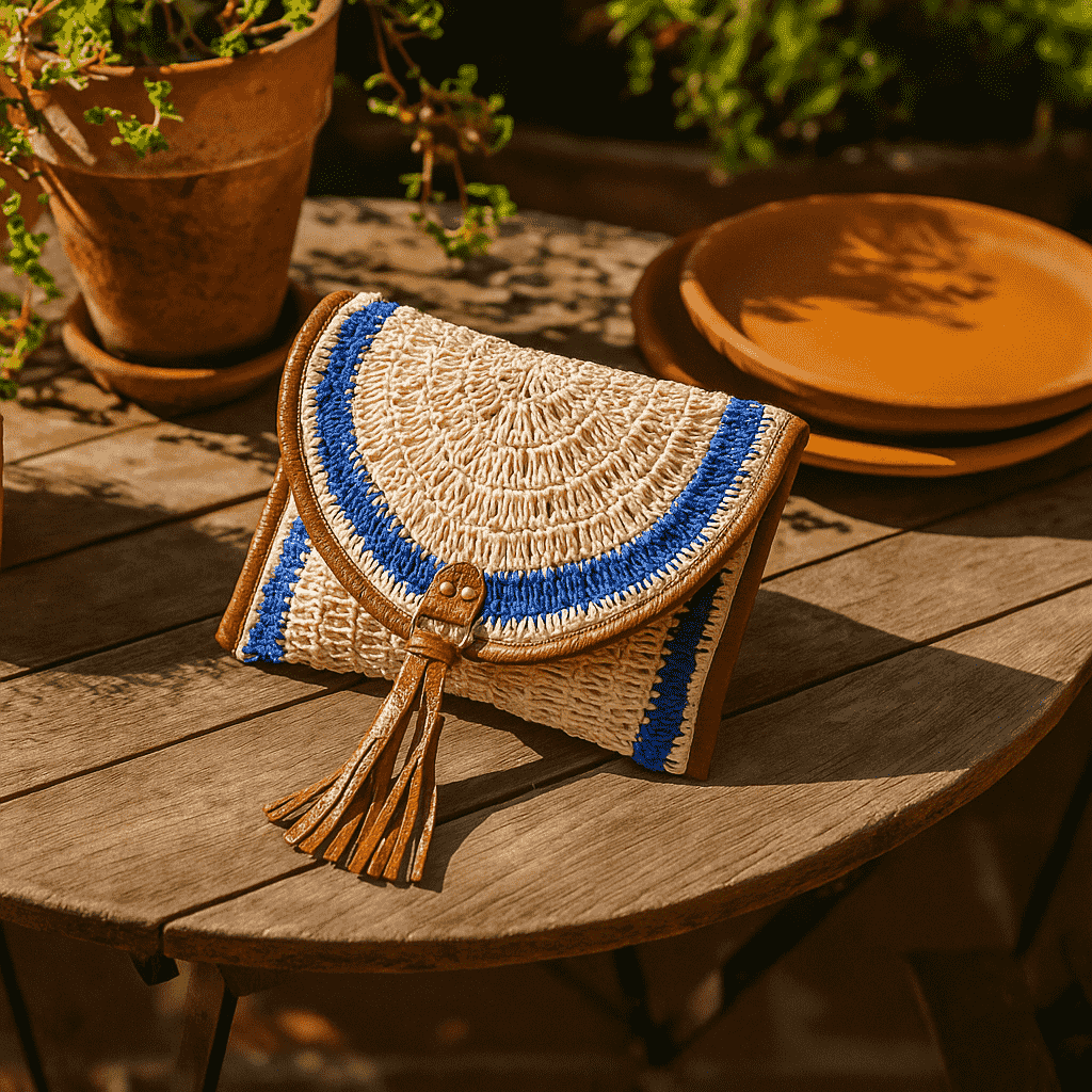 Angled view of the woven raffia clutch bag