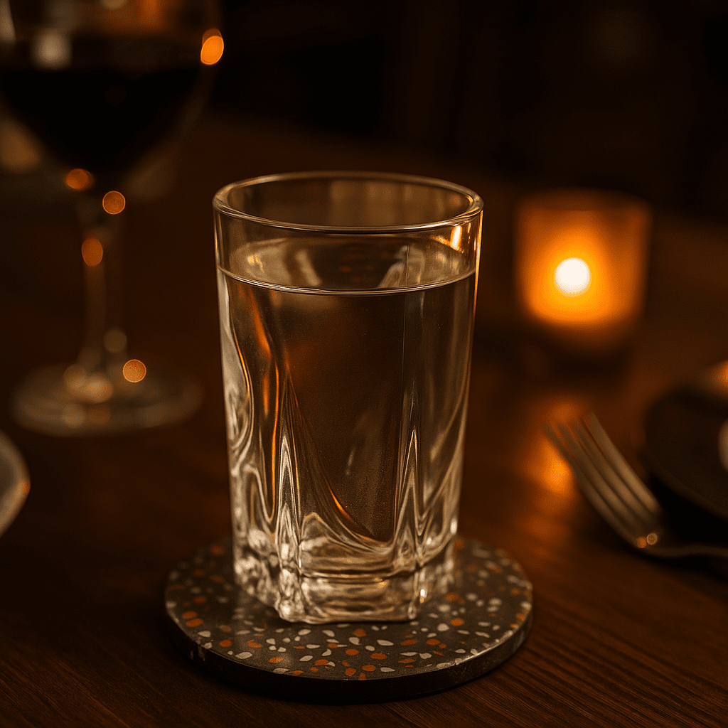 Stone coasters styled with a drink