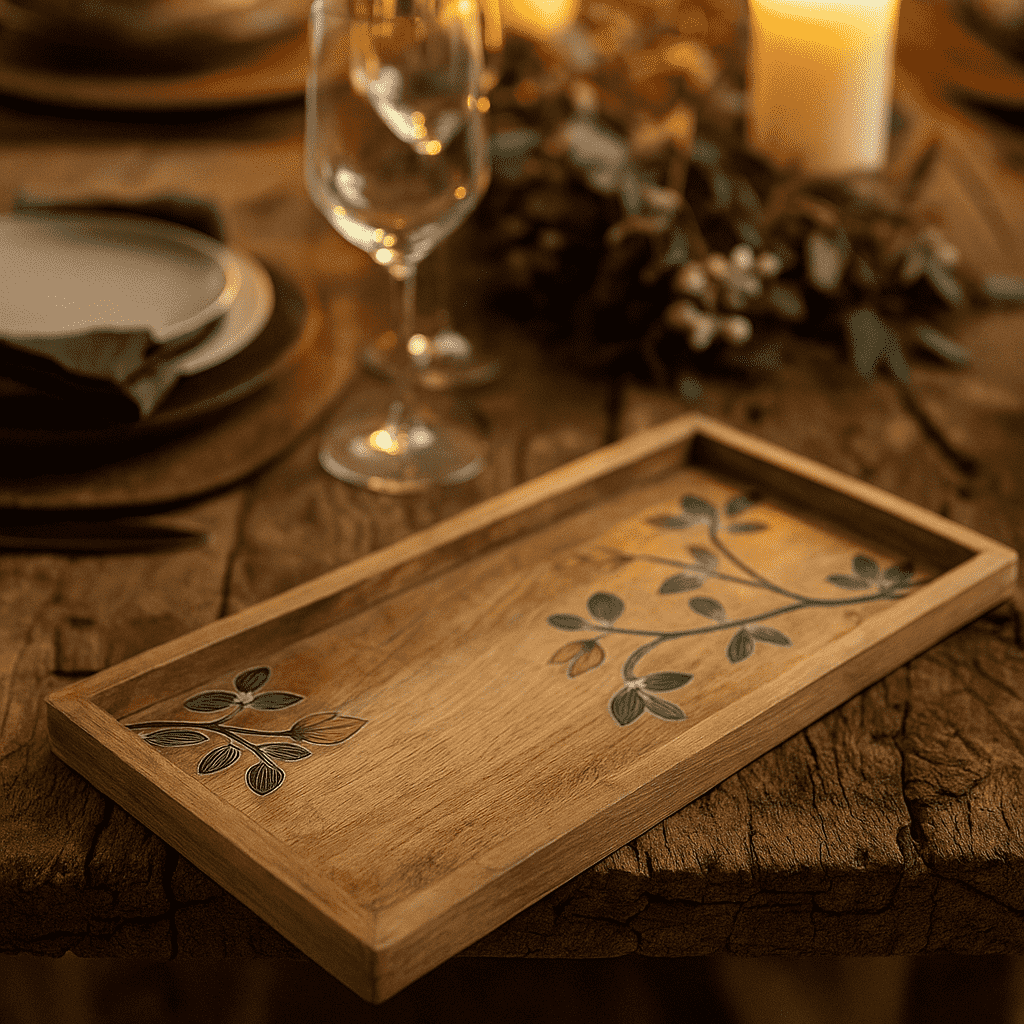 Botanical mango wood tray side view