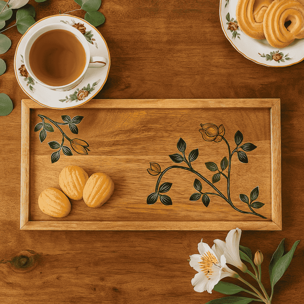 Botanical mango wood tray styled with items