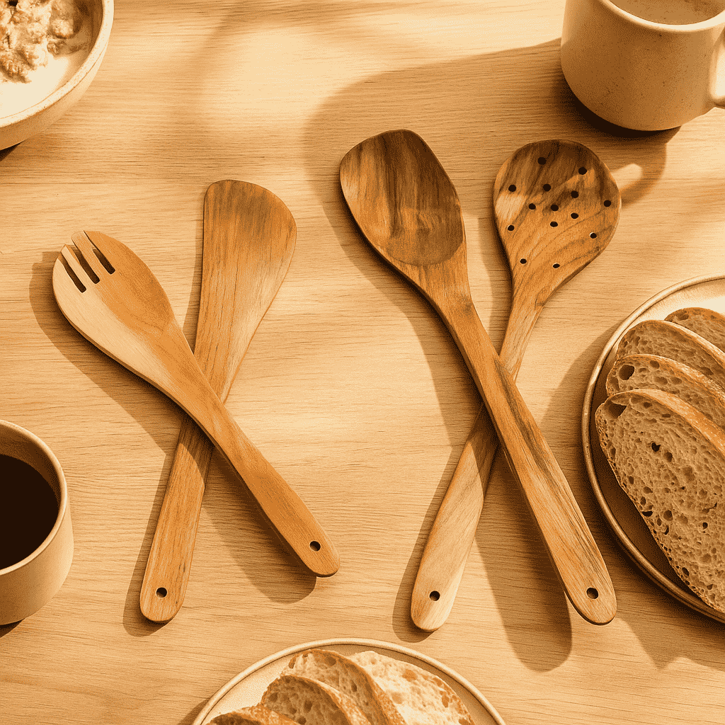 Acacia cooking spoons angled view