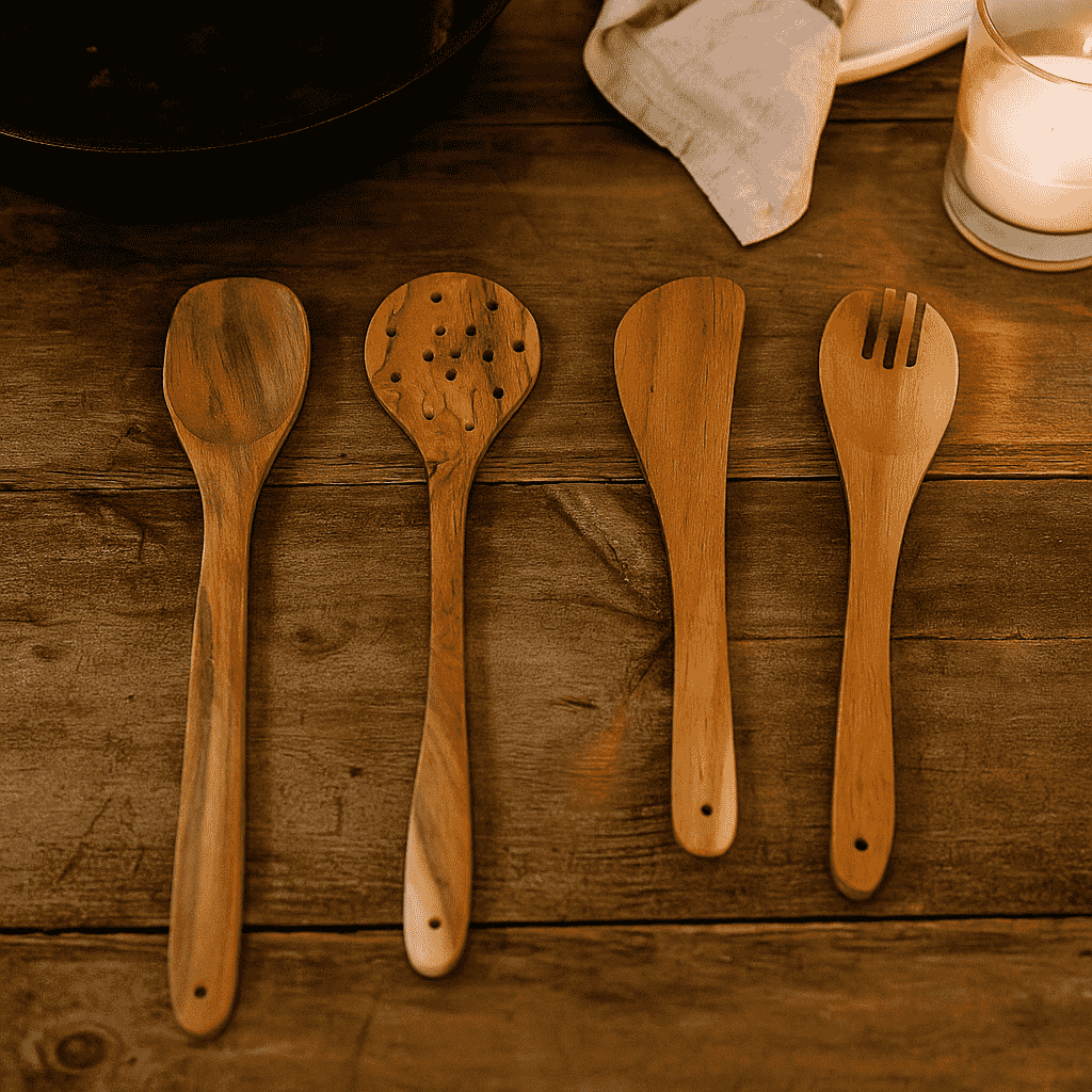 Acacia cooking spoons close-up of carving