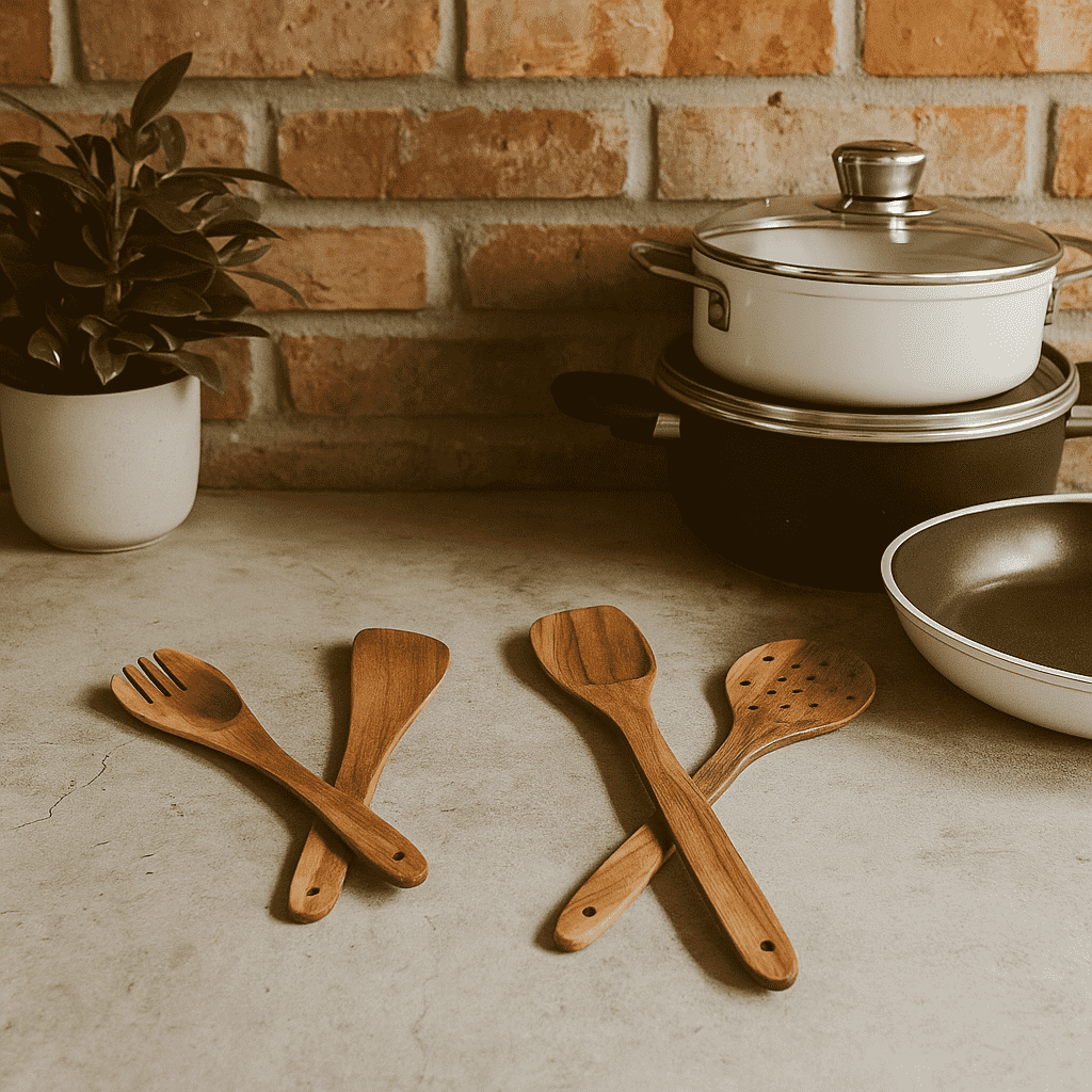 Acacia cooking spoons handle detail