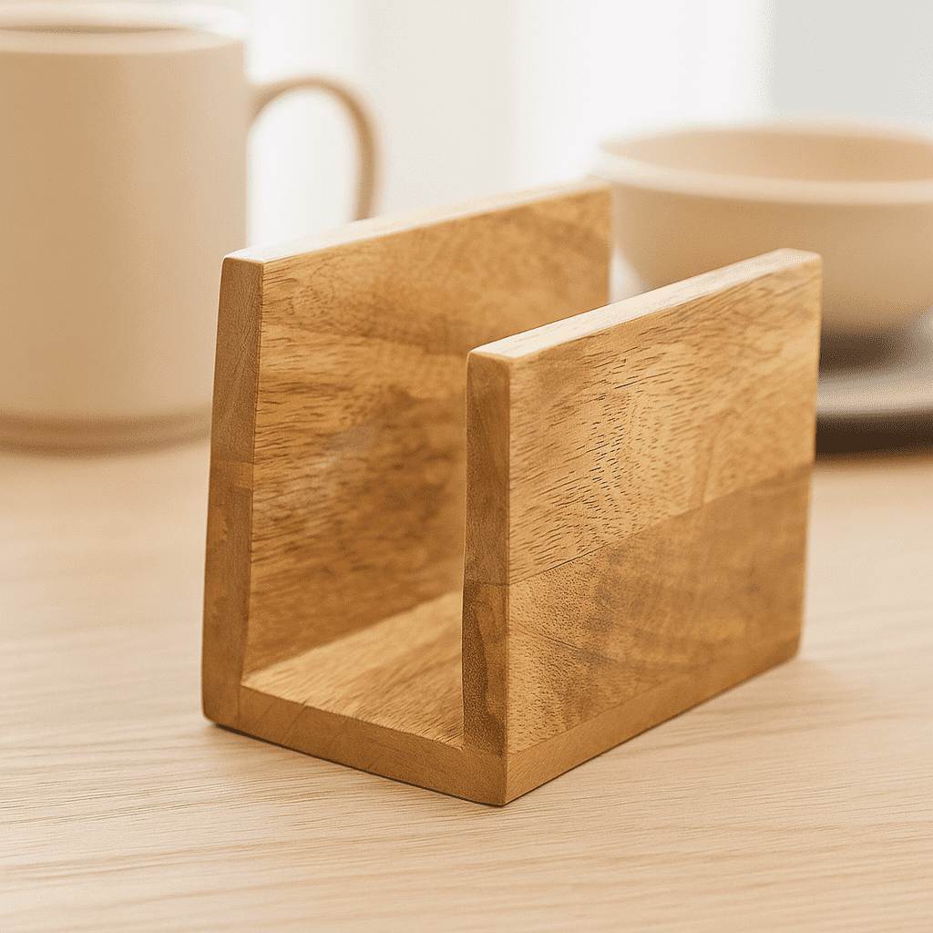 Mango wood napkin holder side view