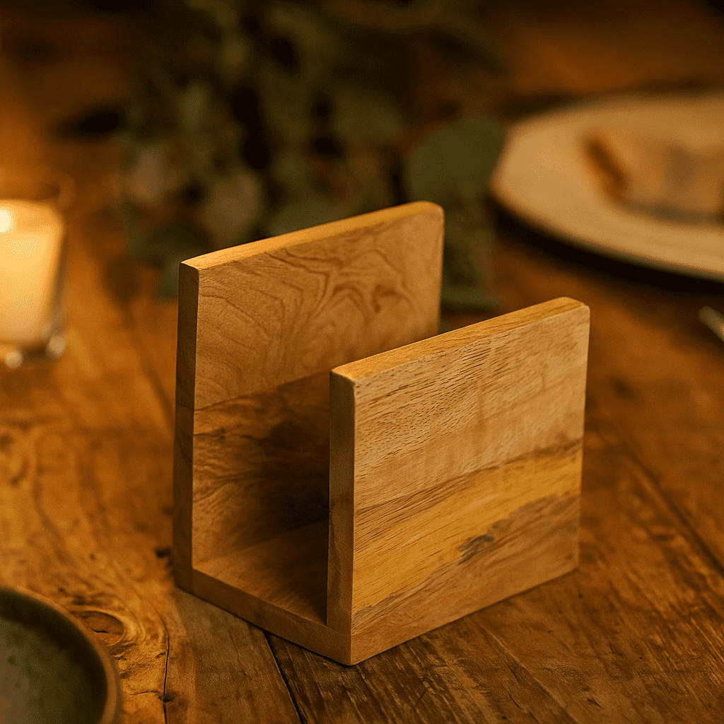 Mango wood napkin holder at an angle