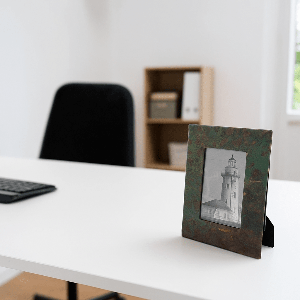 Painted photo frame on desk