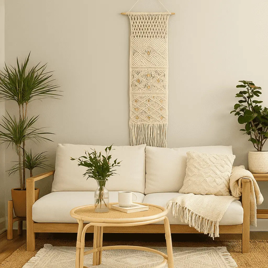 Macrame wall hanging with pocket close-up of cotton cord