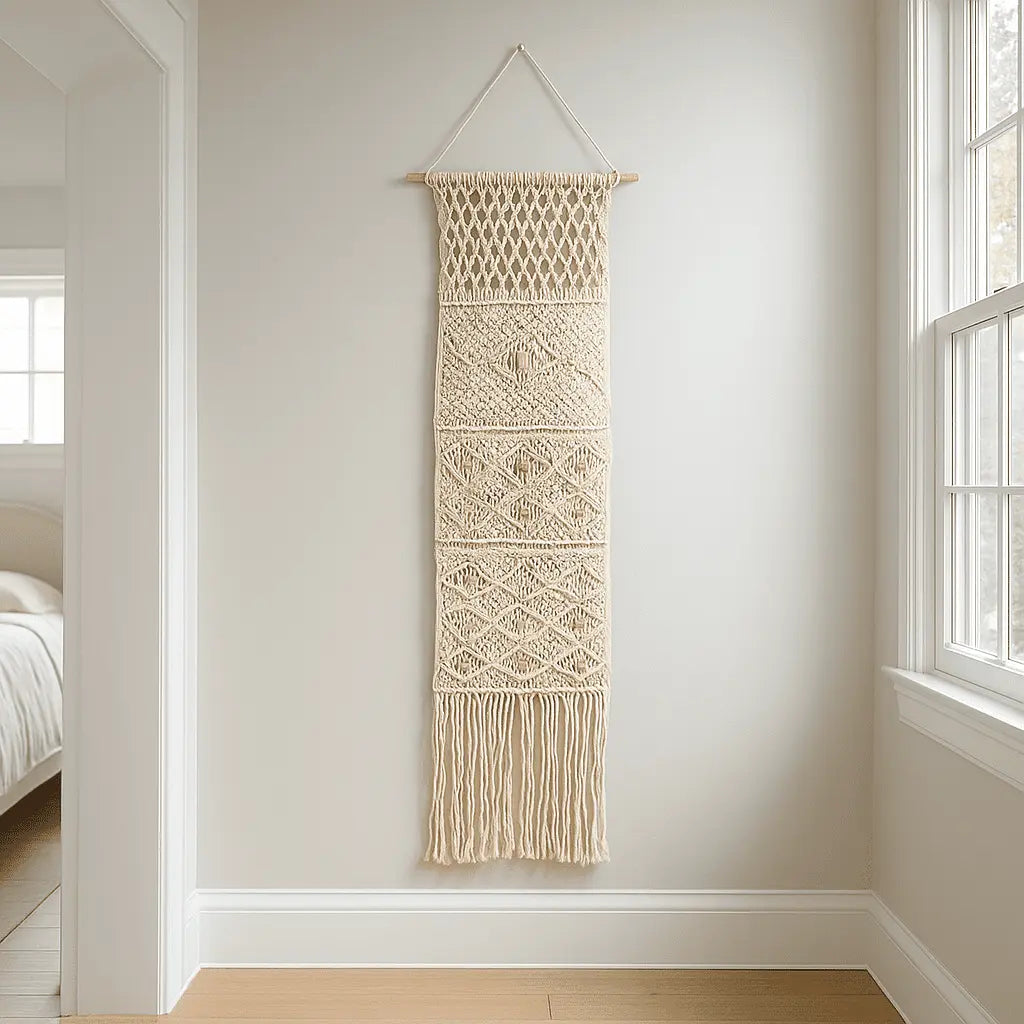 Macrame wall hanging with pocket shown at an angle