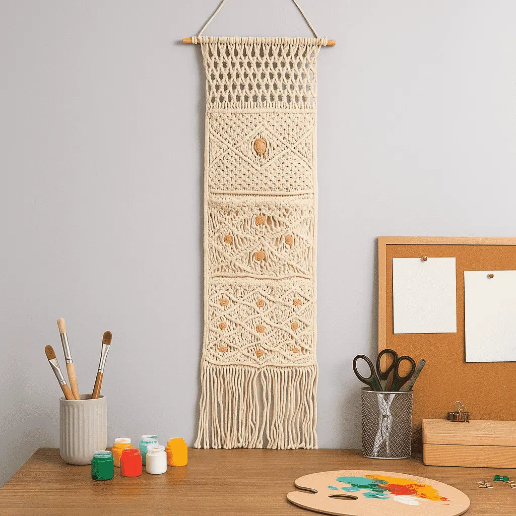 Macrame wall hanging with pocket detail of knotting