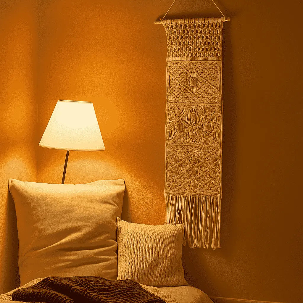 Macrame wall hanging with pocket in a Scandi entryway