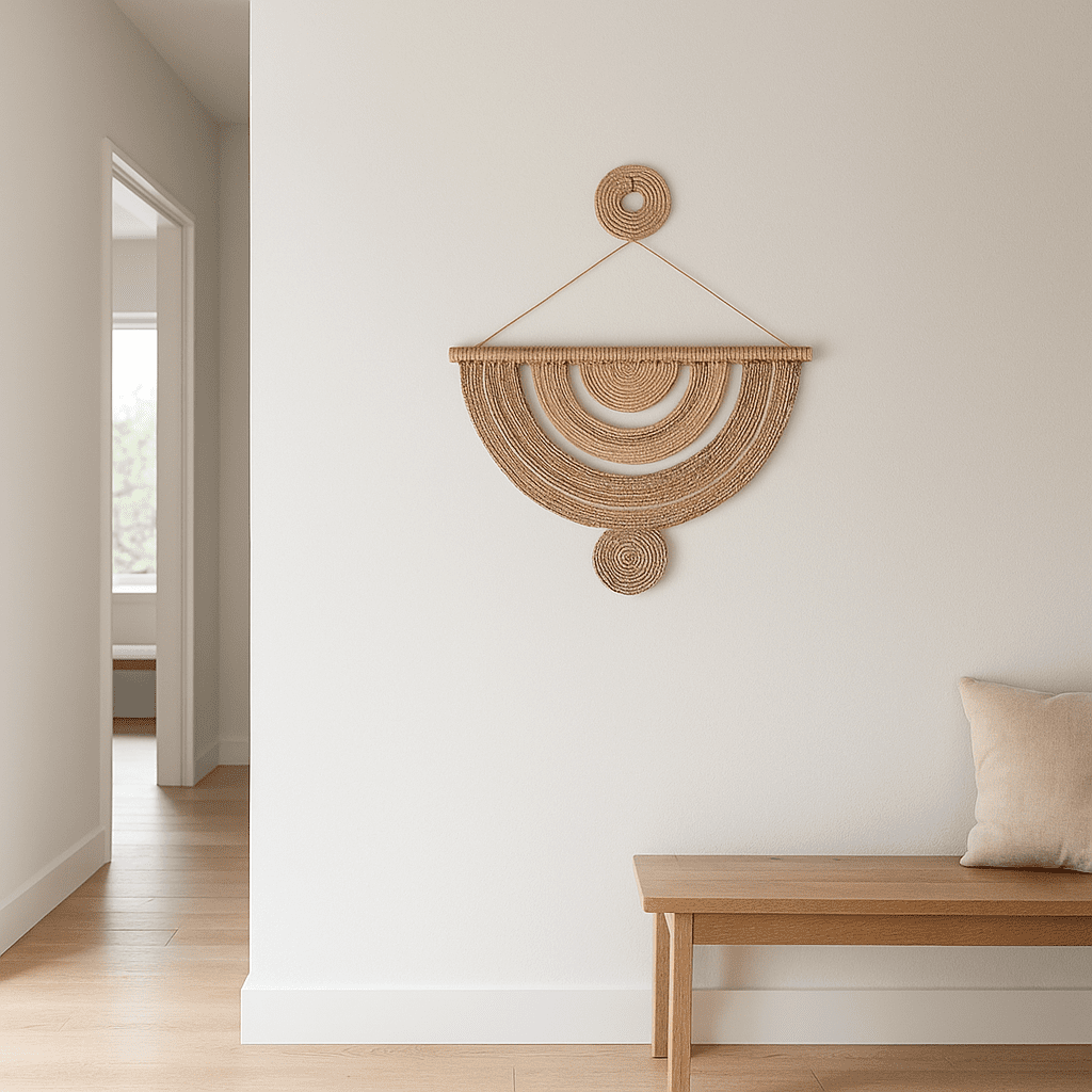 Jute and cane wall decor in a rustic boho room