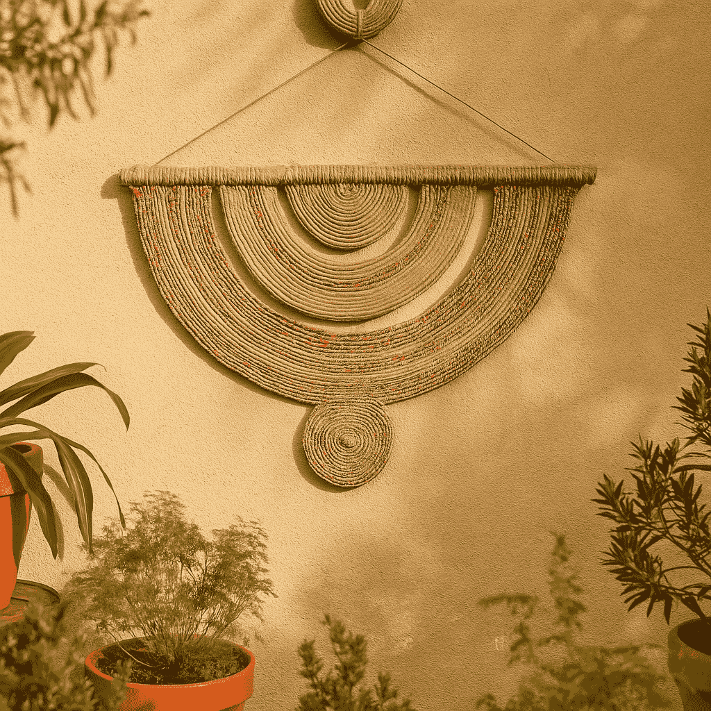 Jute and cane wall decor shown at an angle