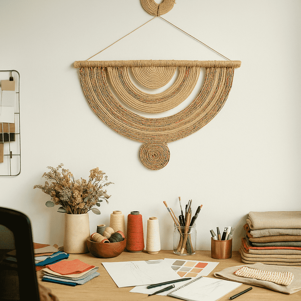 Jute and cane wall decor on a plain wall